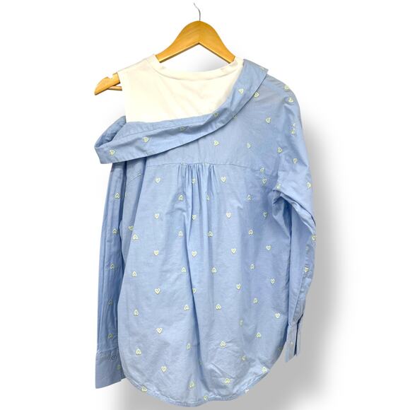 Maje Off-Shoulder Heart Pattern Pop Over  Poplin Blouse Women's S Blue White - Picture 4 of 11